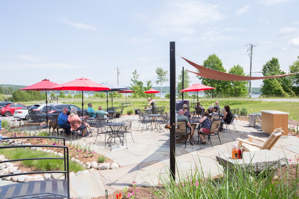 summer wine tasting patio with a view at Bel Lago